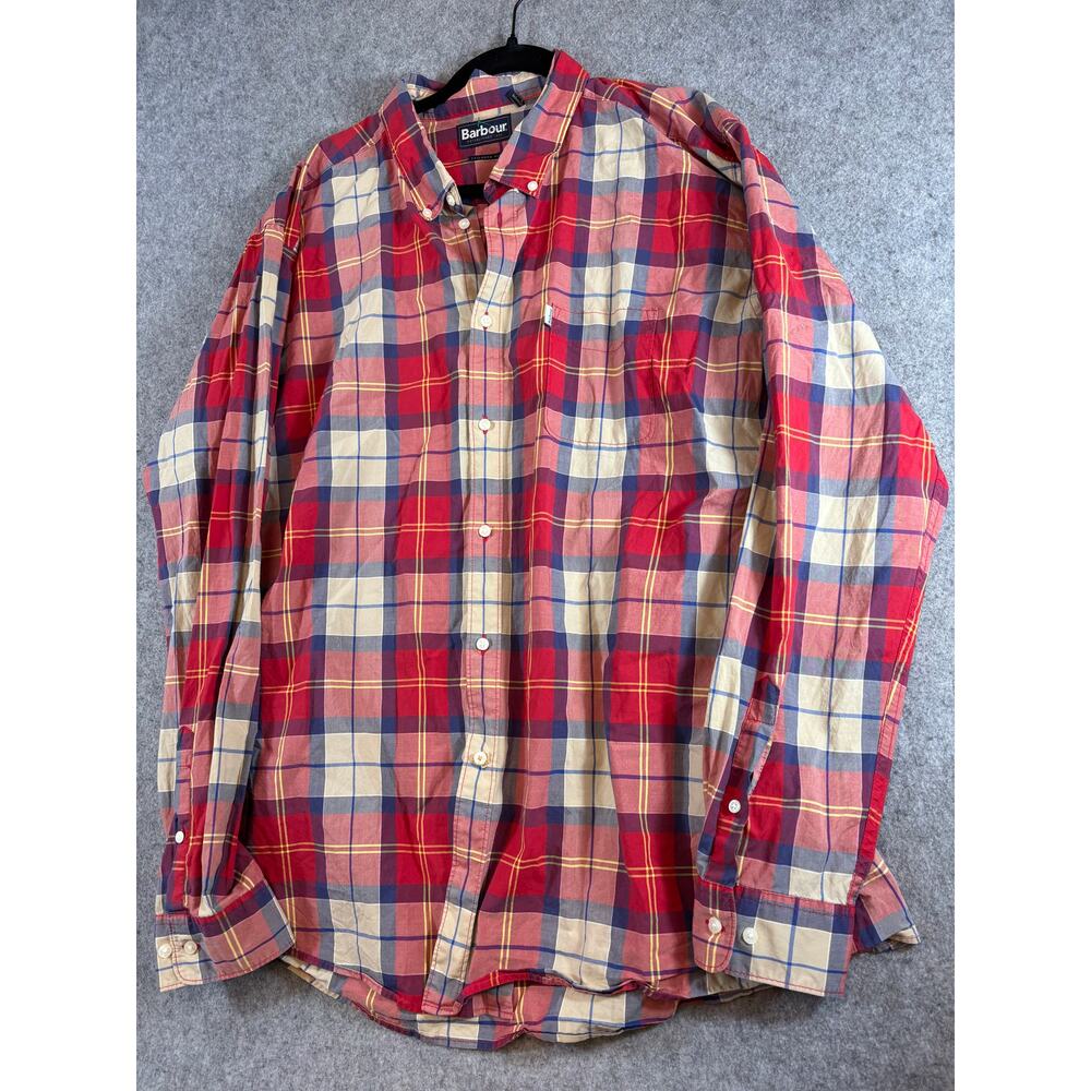 Barbour Toward Button Down Shirt Mens 2XL Red Plaid Tailored Long Sleeve Retro